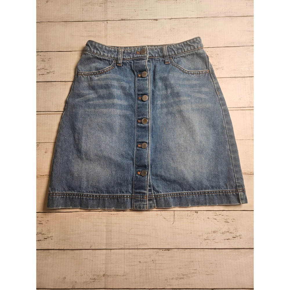 H&M Womens Denim Mini Skirt Blue Button Front High Waist A-Line‎ Size 6